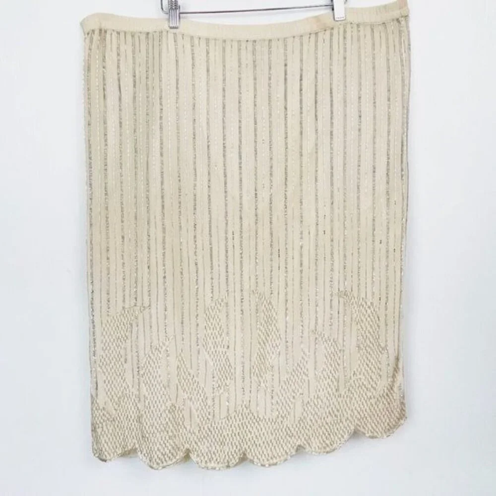 Judith Ann 100% silk Sequined beaded ivory party skirt Size L